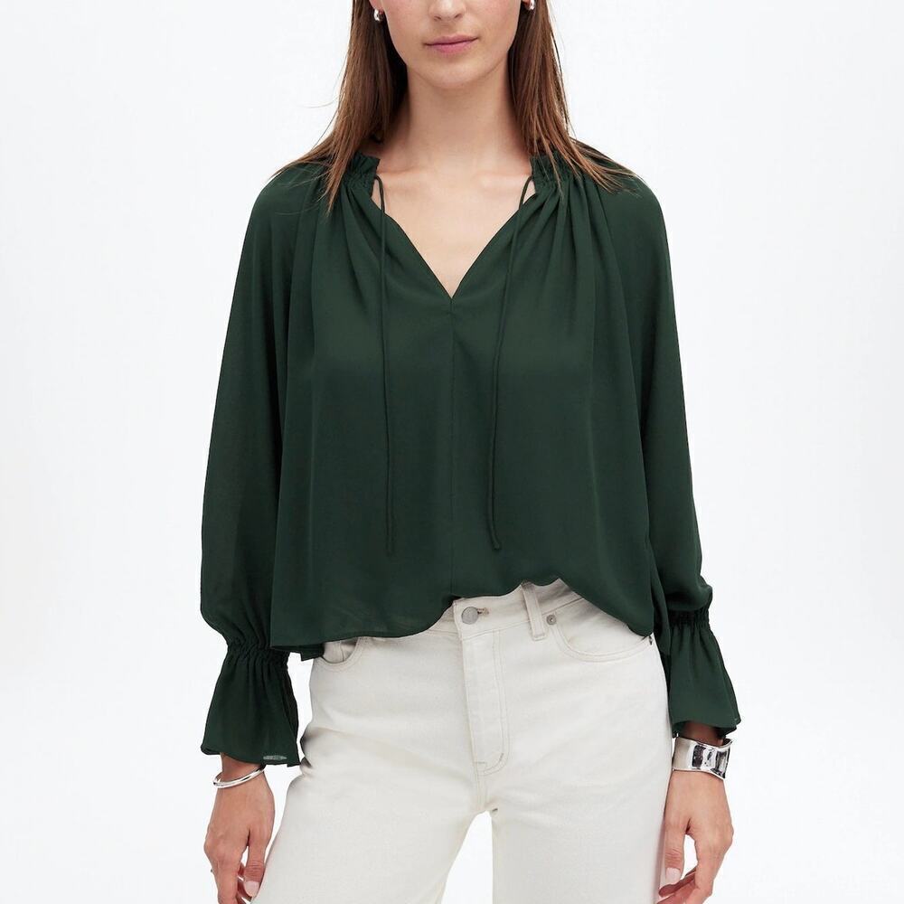 Madewell Top Long Sleeve Tie Neck Peasant Blouse Luxury Forest Green NWT XS